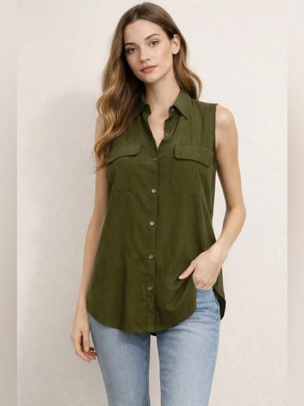 Express Olive Green Sleeveless Button-Down Embroidered Utility Blouse Size XS